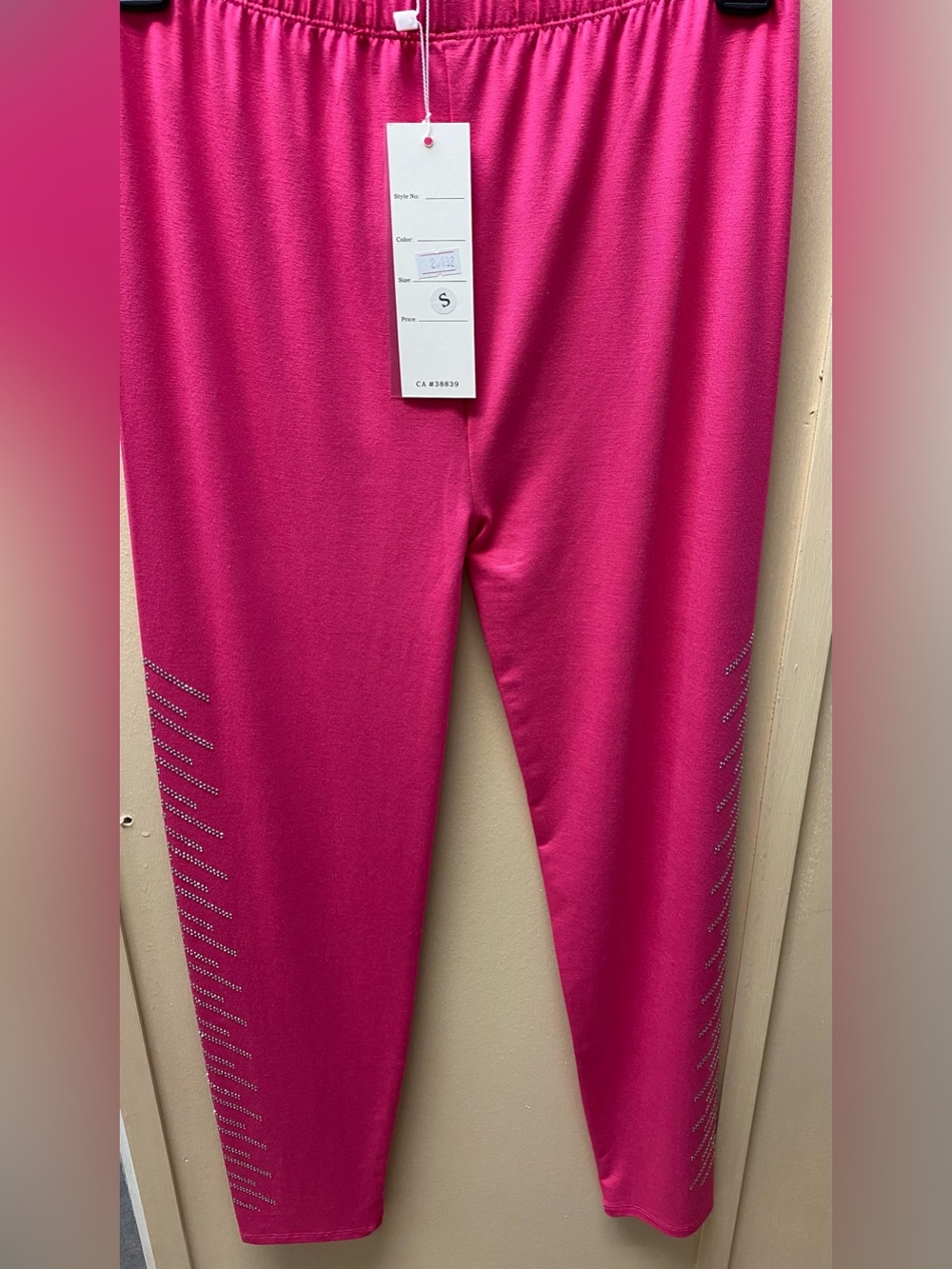 Ladies hot pink leggings with silver studs down both sides